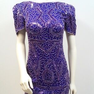 Vintage Purple Beaded Silk Mini Dress Swiftie Glam Rock Mob Wife Petite Small